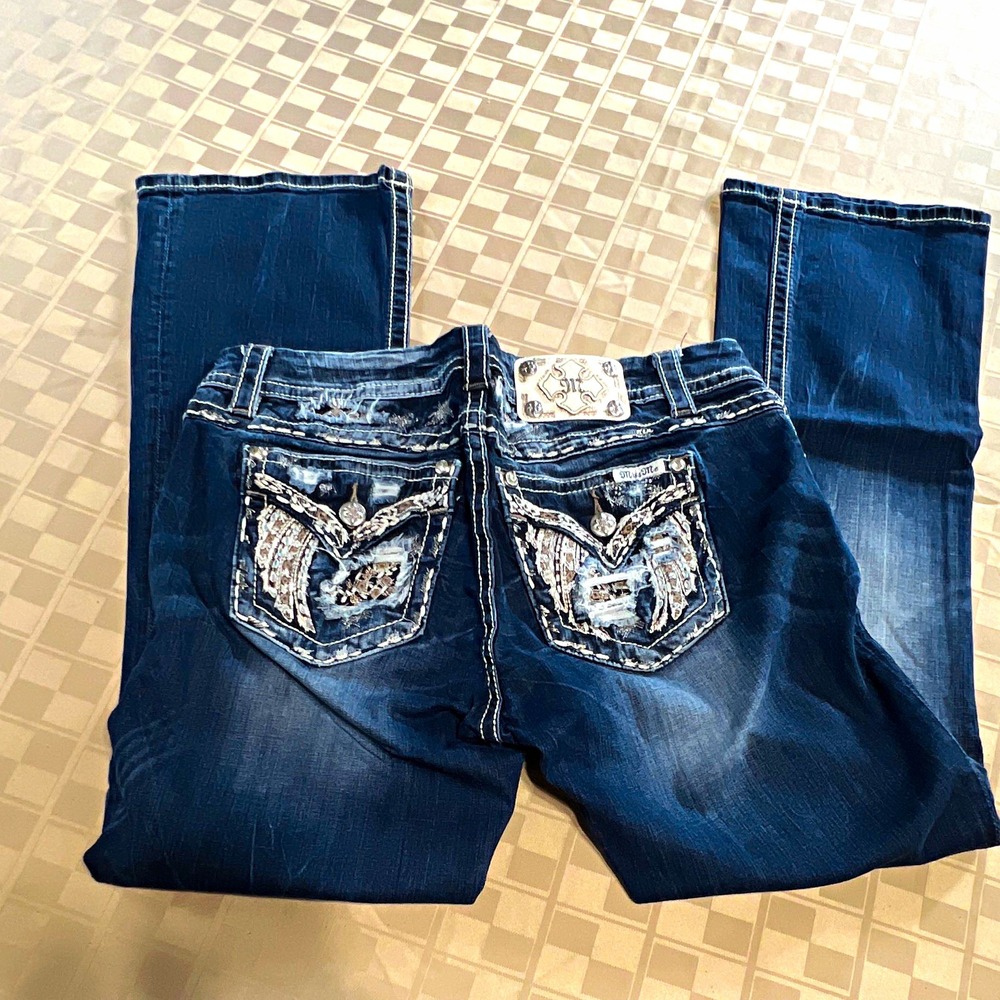 Miss Me Womens easy Bootcut 30 x 30 bling wings jewels thick stitch embellished